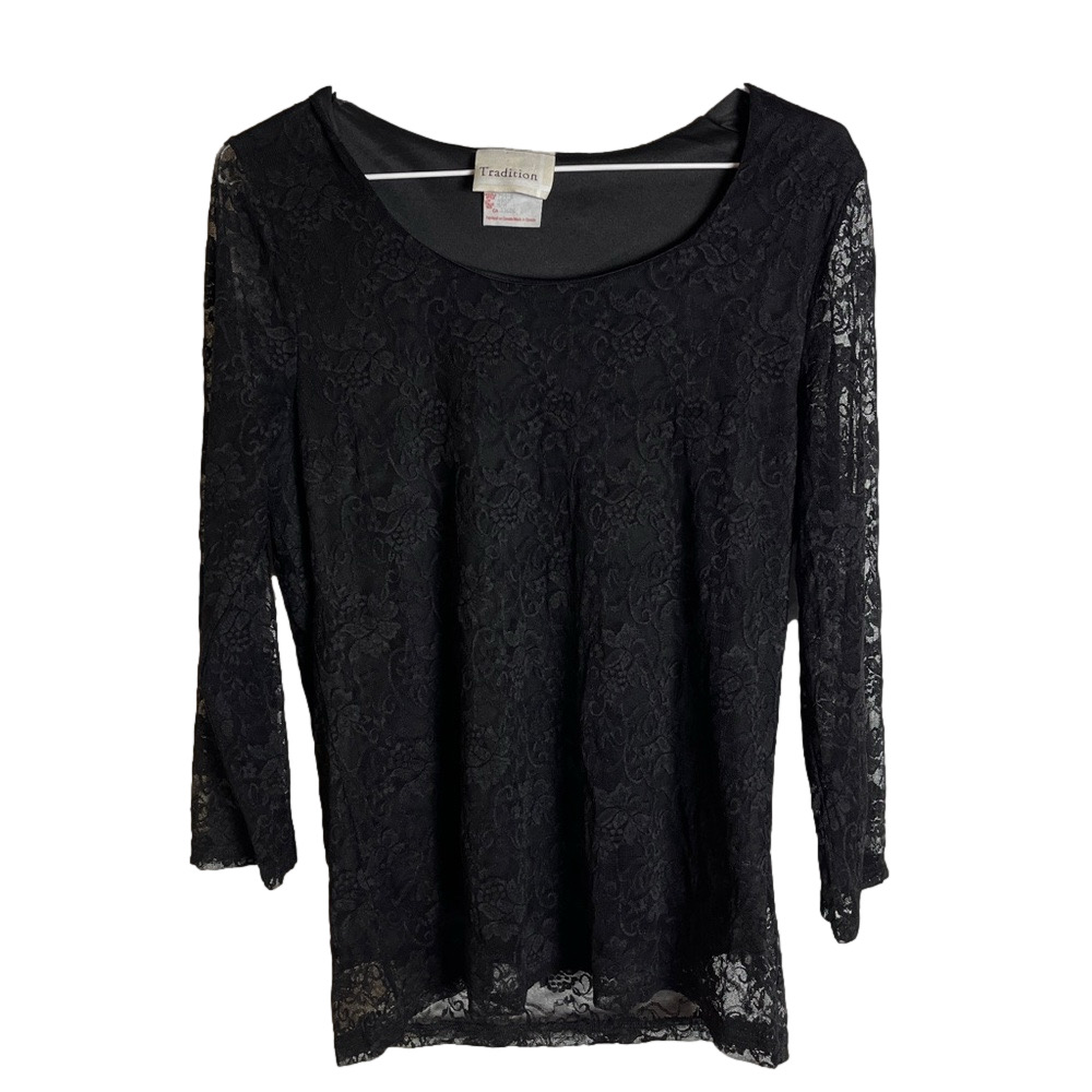 Tradition Black Lace 3/4 Sleeve Blouse Medium Floral